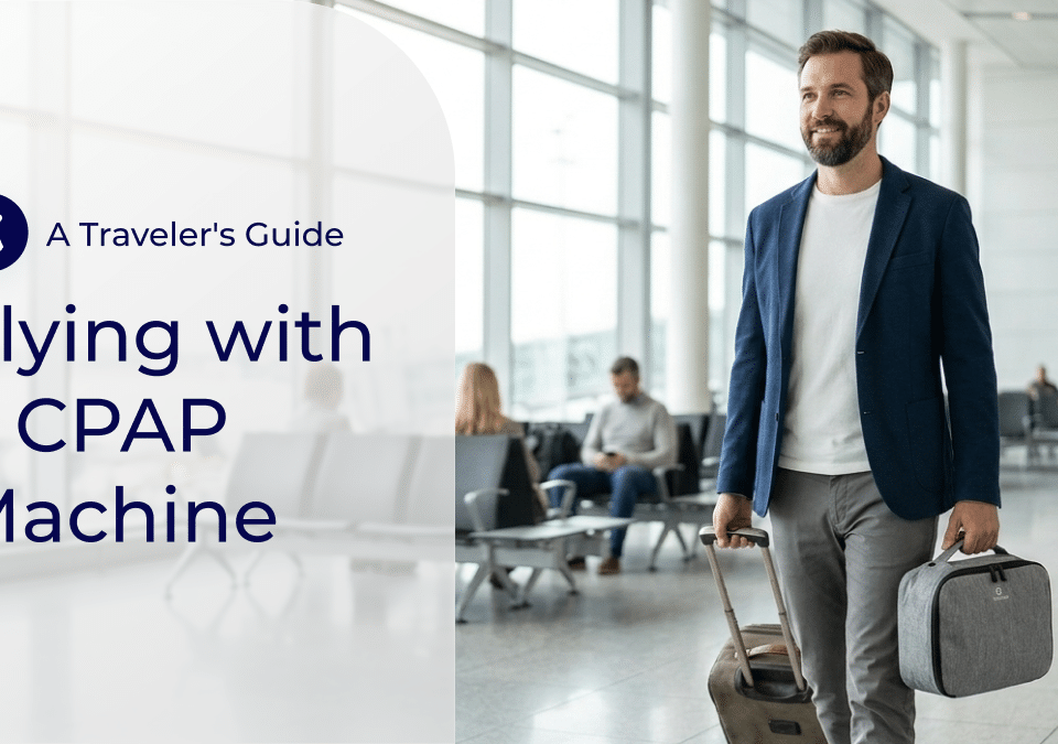 A Traveler’s Guide: Flying with a CPAP Machine. A man walks through an airport terminal carrying a suitcase and a compact grey Transcend Micro travel CPAP bag.
