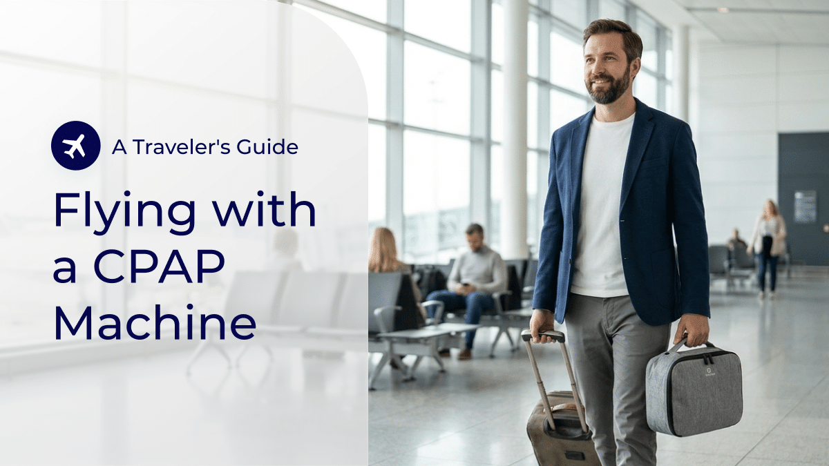 A Traveler’s Guide: Flying with a CPAP Machine. A man walks through an airport terminal carrying a suitcase and a compact grey Transcend Micro travel CPAP bag.