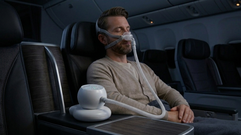 man using transcend micro cpap on airplane business class