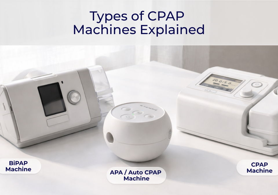 Types of CPAP Machines Explained. Three different sleep apnea devices displayed side-by-side on a white table, labeled from left to right as a BiPAP Machine, an APAP / Auto CPAP Machine, and a standard CPAP Machine.