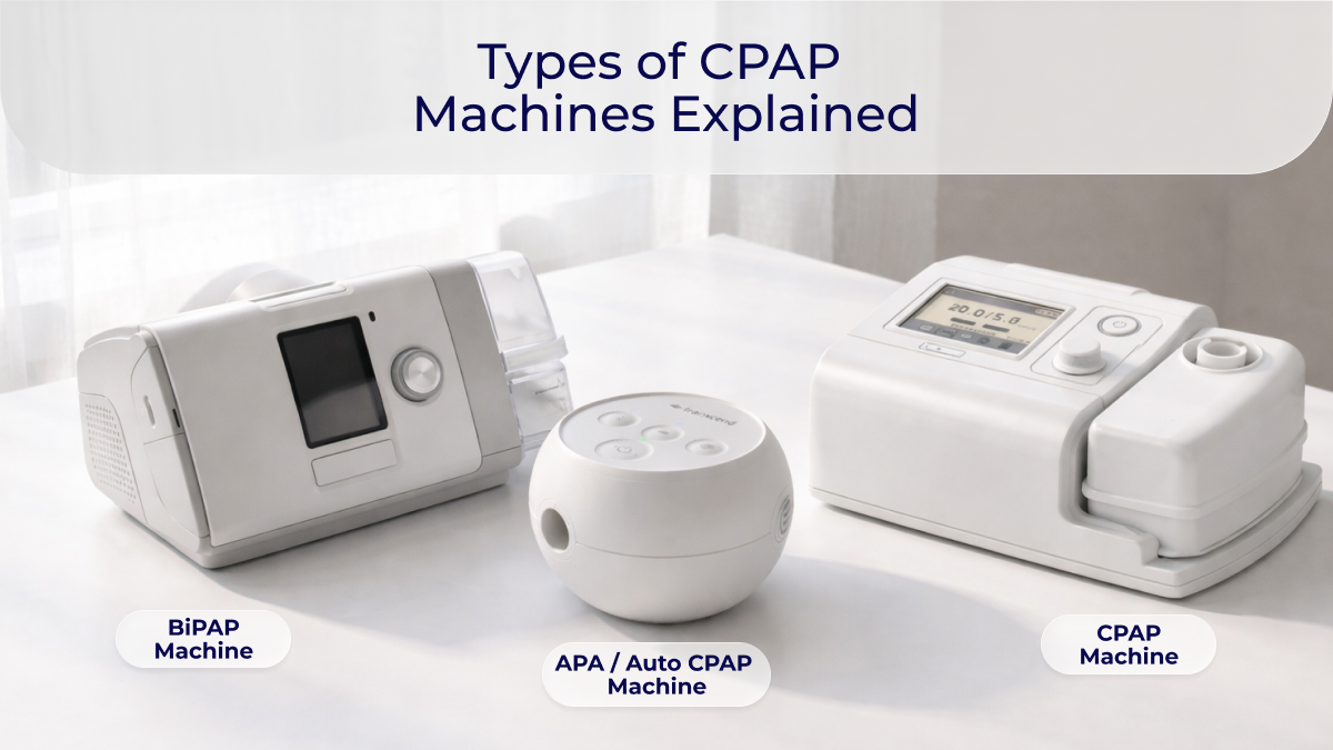 Types of CPAP Machines Explained. Three different sleep apnea devices displayed side-by-side on a white table, labeled from left to right as a BiPAP Machine, an APAP / Auto CPAP Machine, and a standard CPAP Machine.